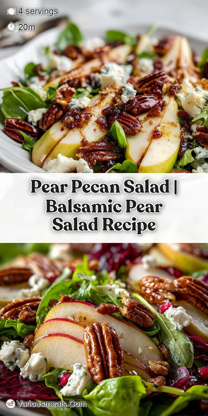 Close-up of a pear salad highlighting the pear's juicy texture, crunchy pecans, creamy cheese, and balsamic's rich color.