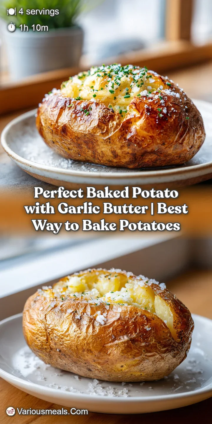 Close-up of a warm, fluffy baked potato showing its steaming white interior, generously coated with melted garlic butter.