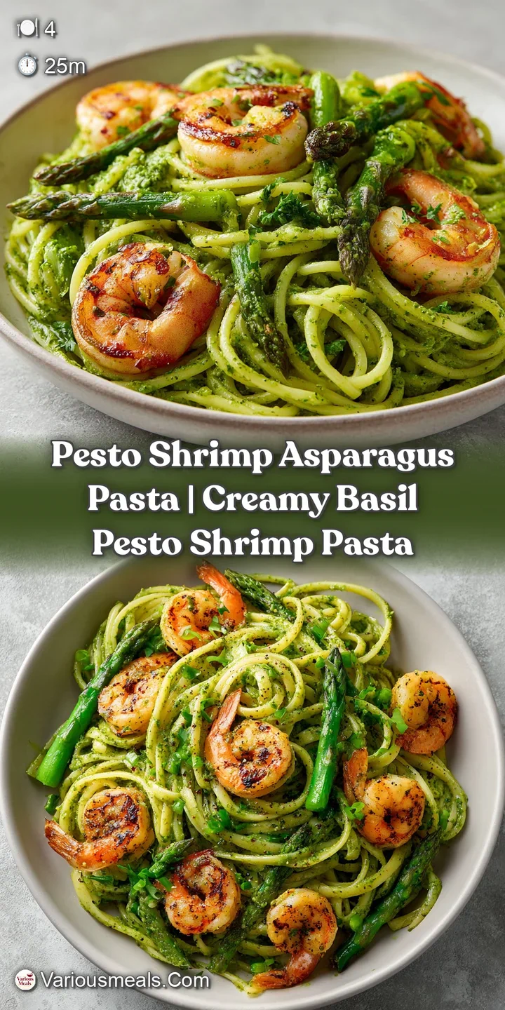 Macro shot of plump shrimp and crisp asparagus drenched in a glossy, rich green pesto with flecks of pepper.