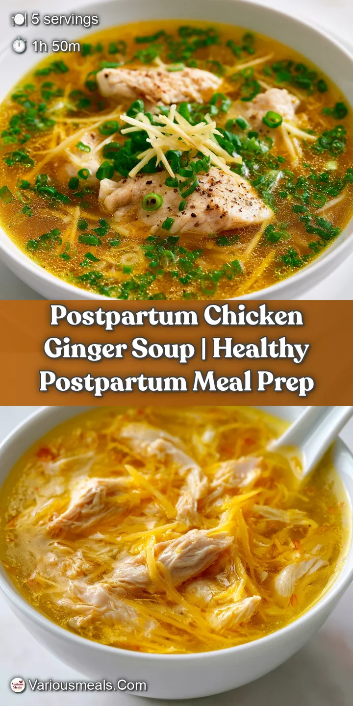 Close-up of glistening golden broth with tender shreds of chicken and translucent ginger strips in a soft light.