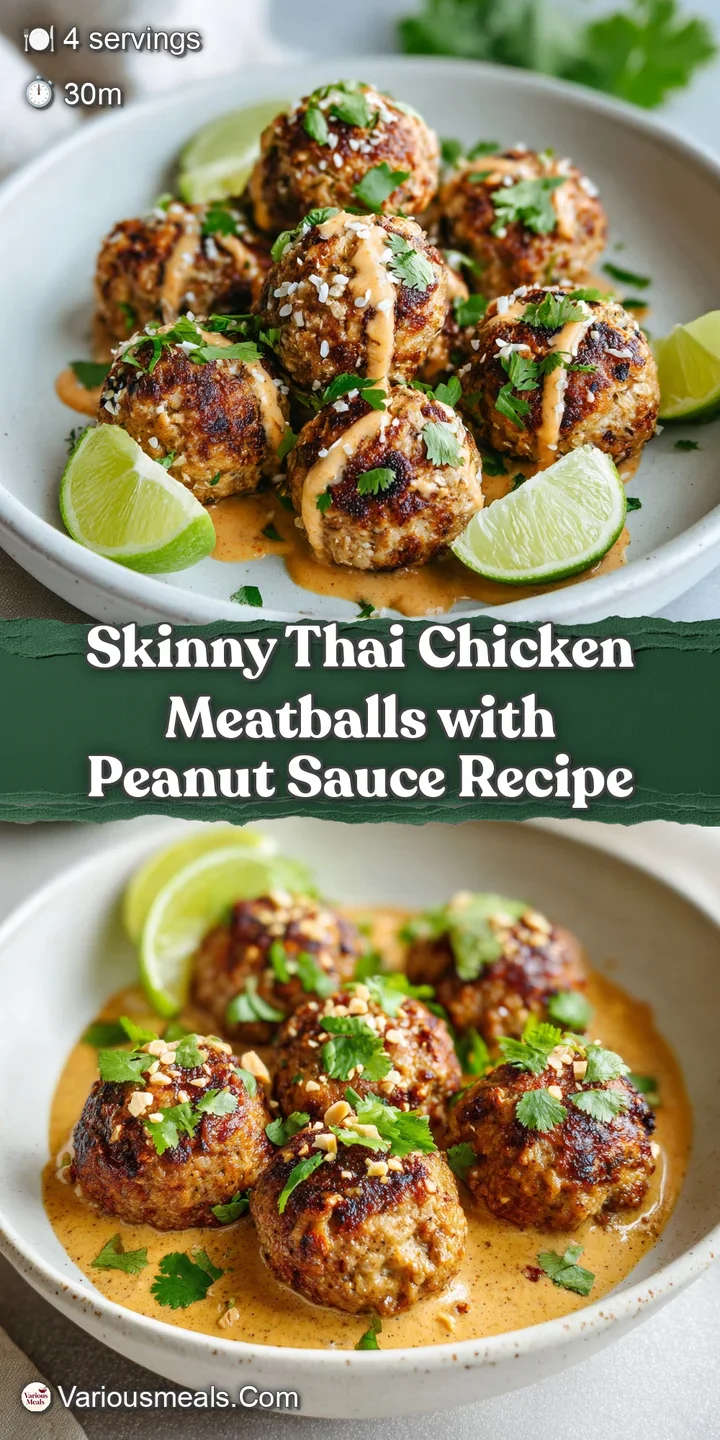 Close-up of a moist, tender chicken meatball smothered in thick peanut sauce, with flecks of red pepper and green onion vi...