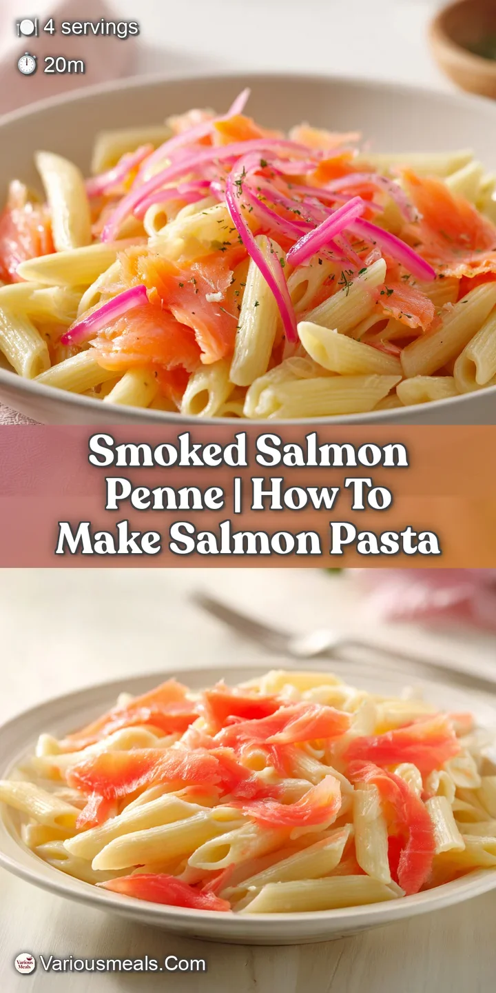 Extreme close-up of glossy, cream-coated penne pasta mixed with tender orange-pink salmon and cracked black pepper.