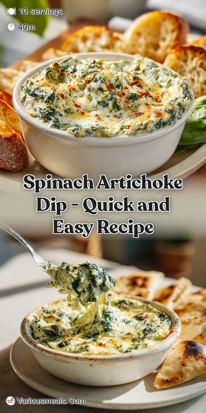 Close-up of melted, stringy cheese over vibrant green spinach and artichoke chunks in a dip.