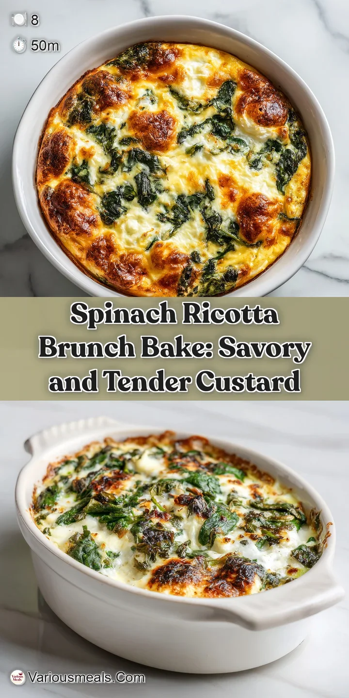 Close-up of a spinach ricotta bake showing creamy texture, golden crust, and flecks of spinach. A comforting, rustic break...
