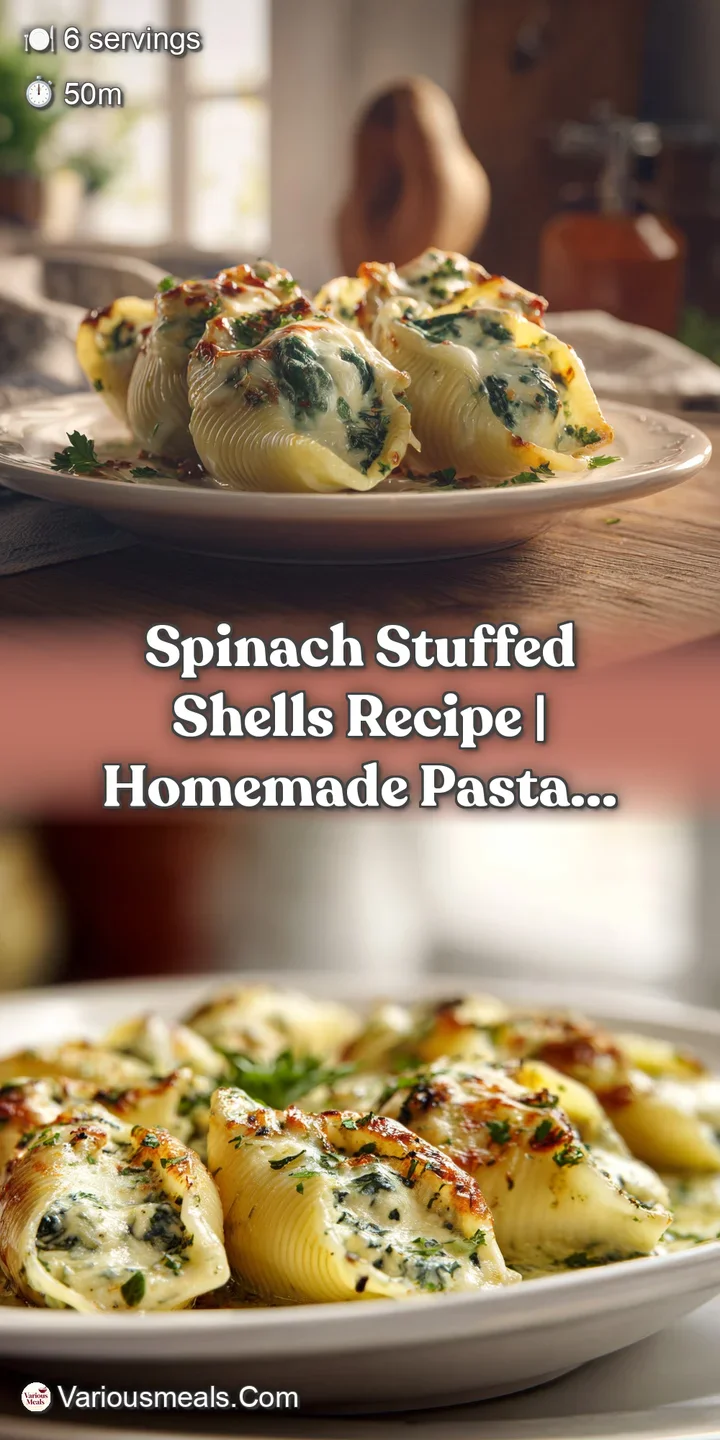 Close-up shows the creamy, cheesy texture of spinach stuffed shells, highlighting the golden-brown edges and vibrant green...