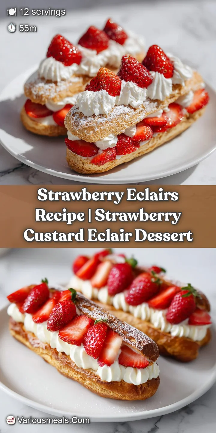 A close-up of a crisp eclair filled with luscious cream, drizzled with sweet strawberry glaze.