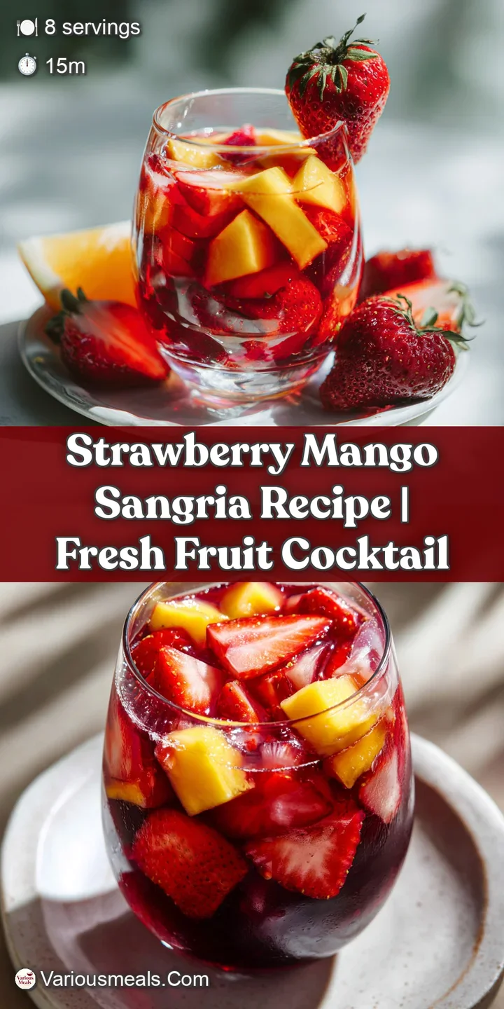 Close-up of a refreshing strawberry mango sangria showcasing juicy fruit and sparkling liquid, hinting at sweet and tangy ...
