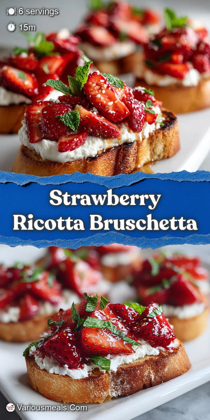 Close-up of fresh strawberry slices nestled in creamy ricotta on toasted bread, glistening with honey and bright green bas...