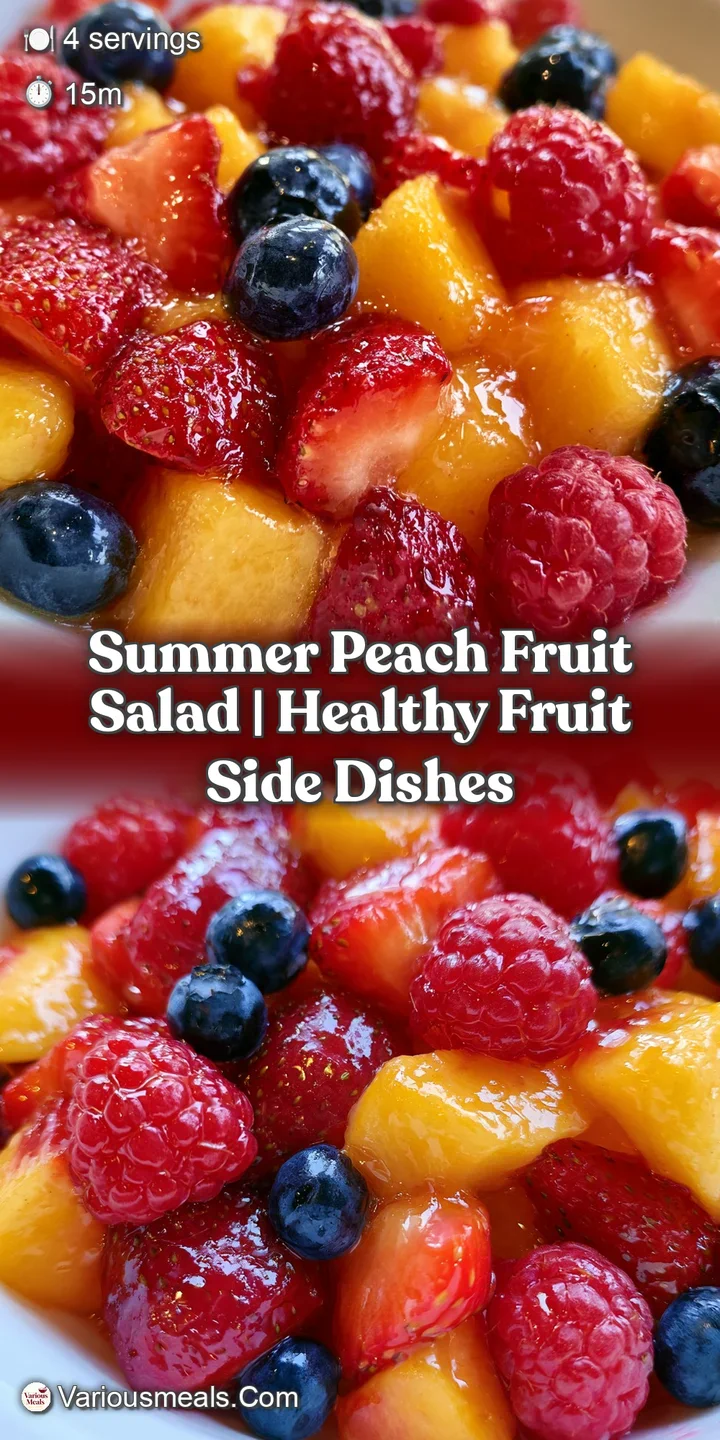 Close-up of glistening peach chunks and blueberries drizzled with honey, showing juicy texture and bright colors.