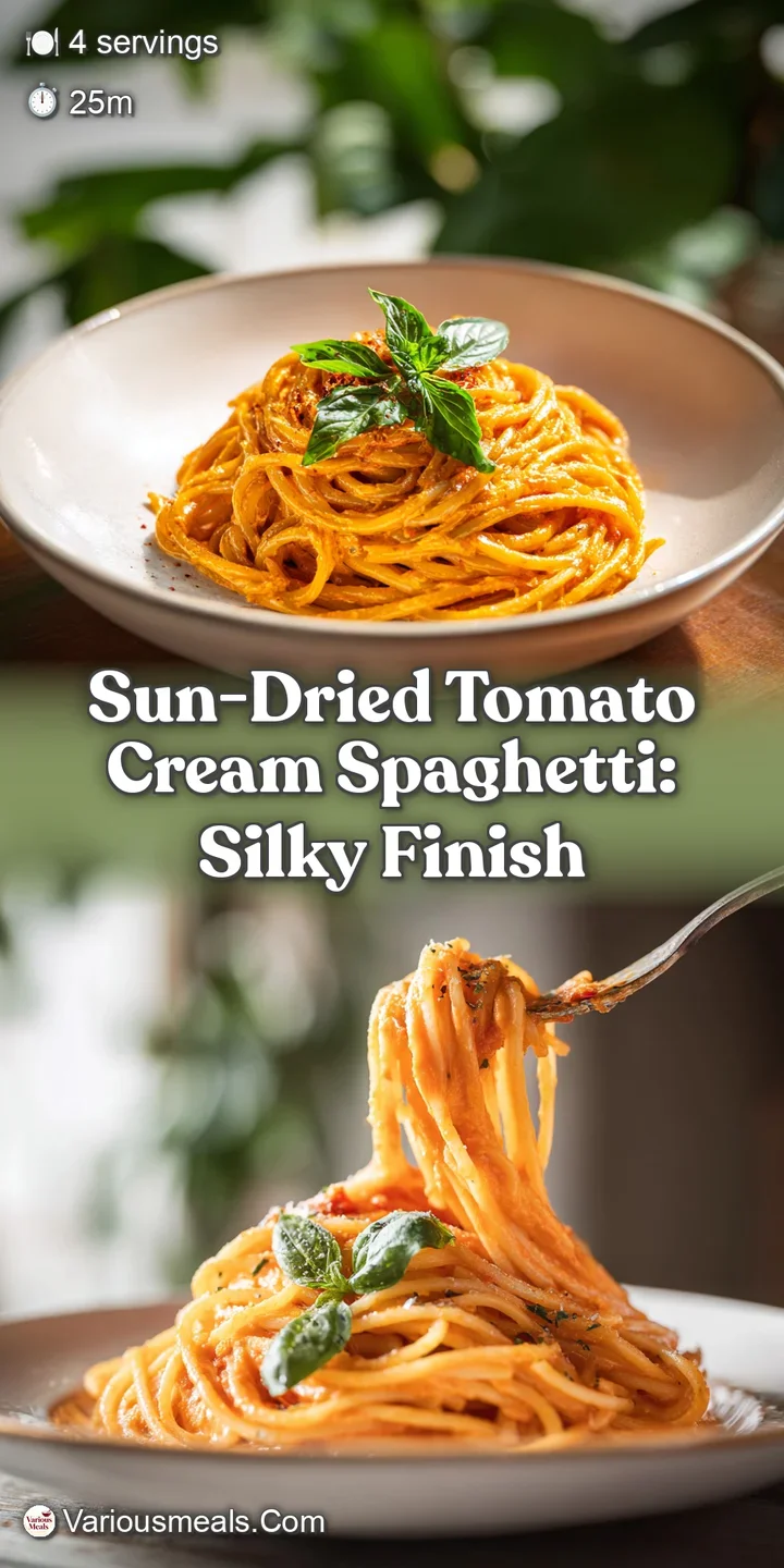Close-up of twirled spaghetti coated in a rich cream sauce, punctuated by chewy, bright red sun-dried tomatoes and flecks ...
