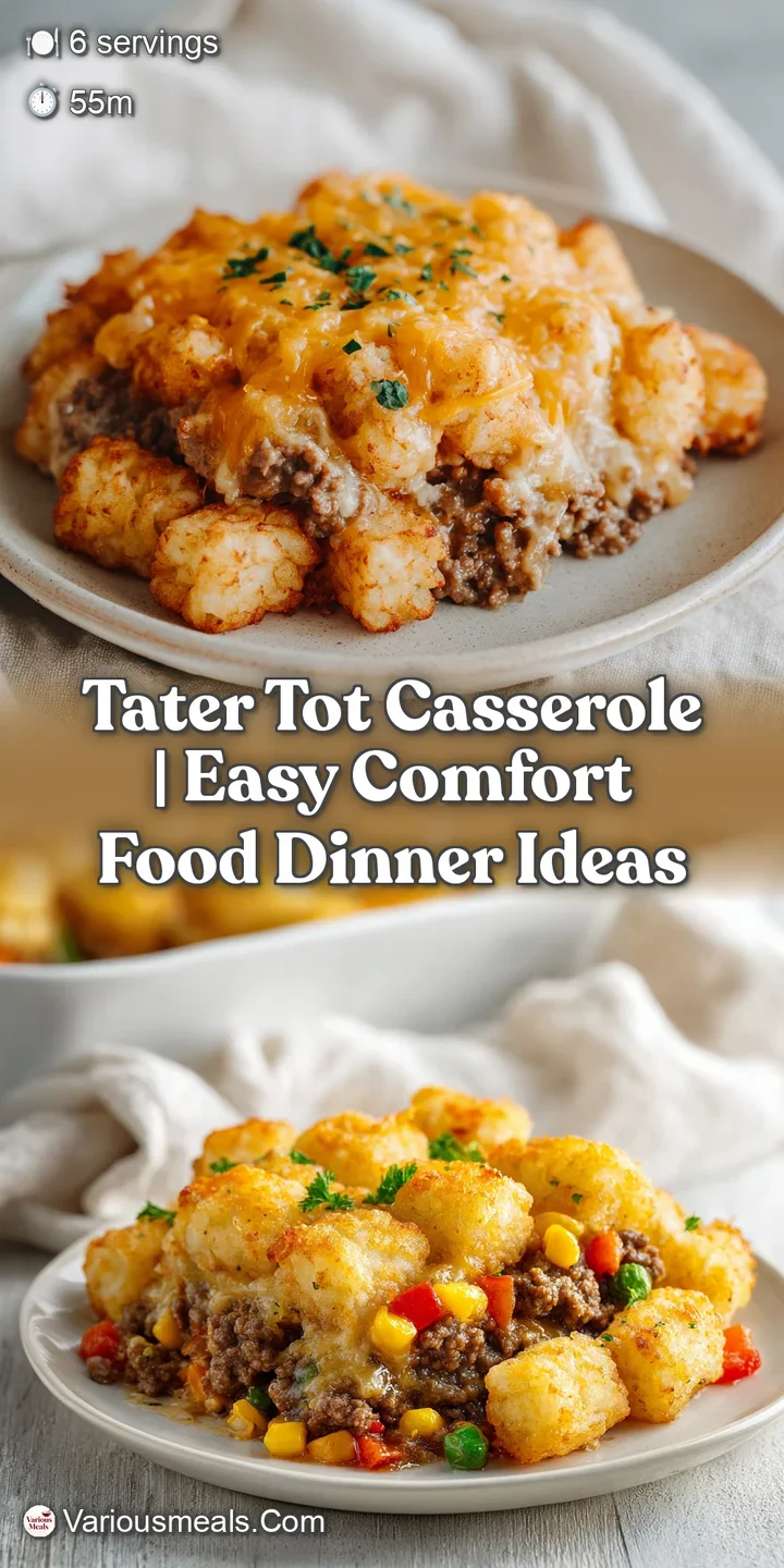 Close-up of perfectly browned tater tots nestled over rich, seasoned ground beef, a comforting, savory bite.