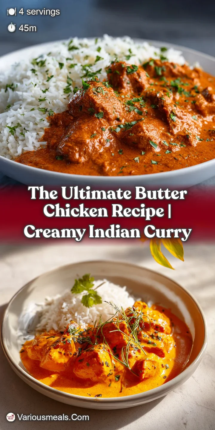 Close-up of glistening butter chicken; juicy chicken pieces coated in a smooth, flavorful tomato-based sauce with hints of...