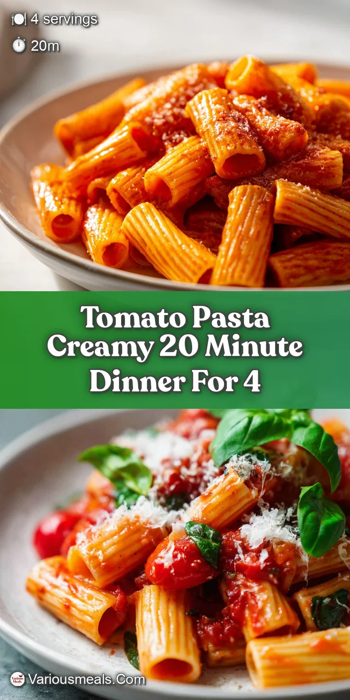 Close-up of tomato pasta: rich, creamy sauce coats the noodles, flecks of herbs visible, Parmesan melting slightly, intens...