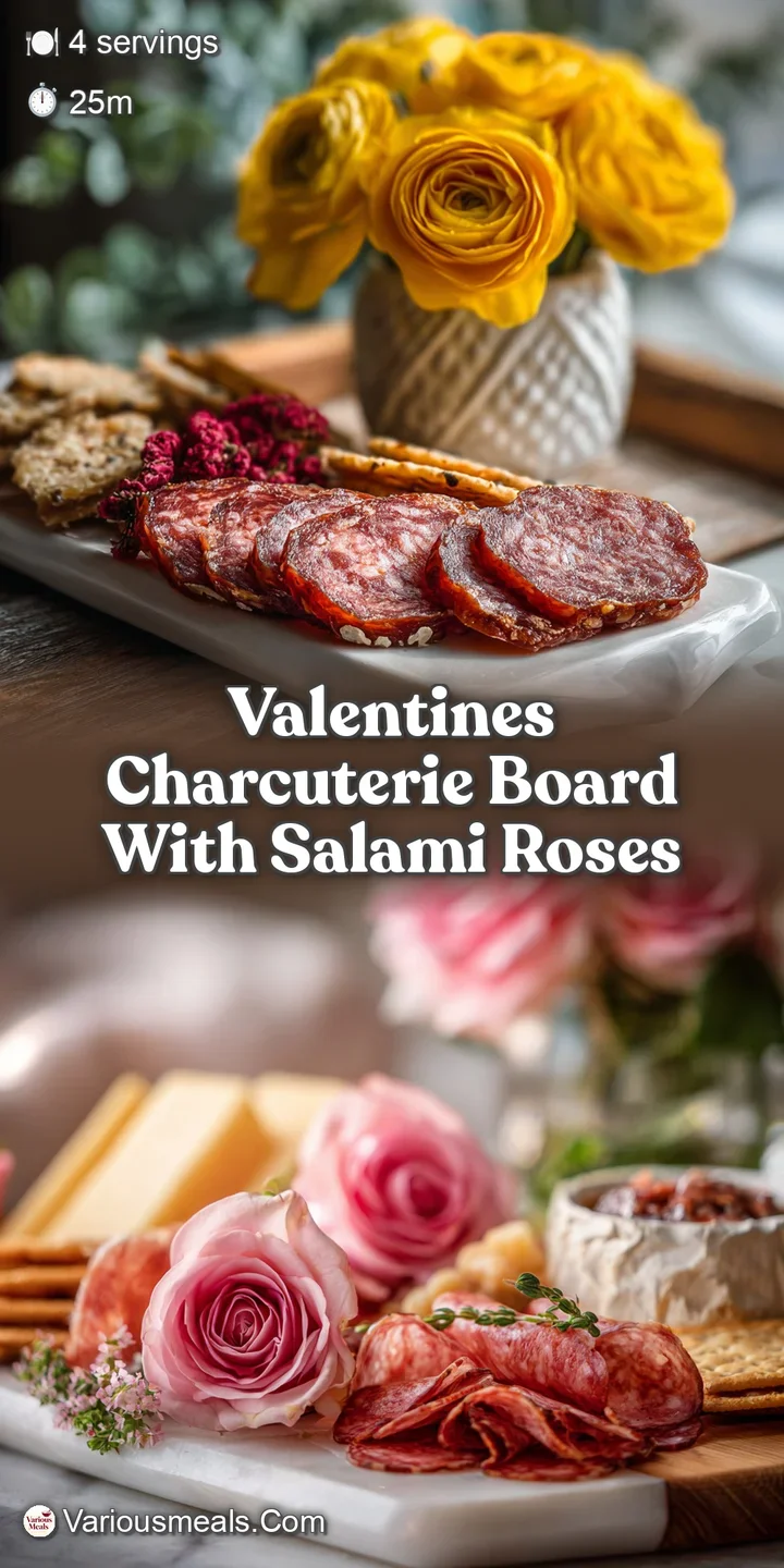 Close-up of vibrant salami roses nestled amongst cheeses and berries on a Valentine's Day charcuterie board, showcasing te...