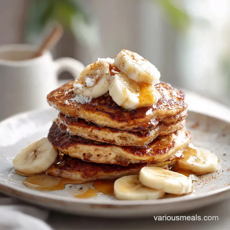 Fluffy banana pancake topped with fresh berries and a light dusting of cinnamon, elegantly arranged on a white plate.