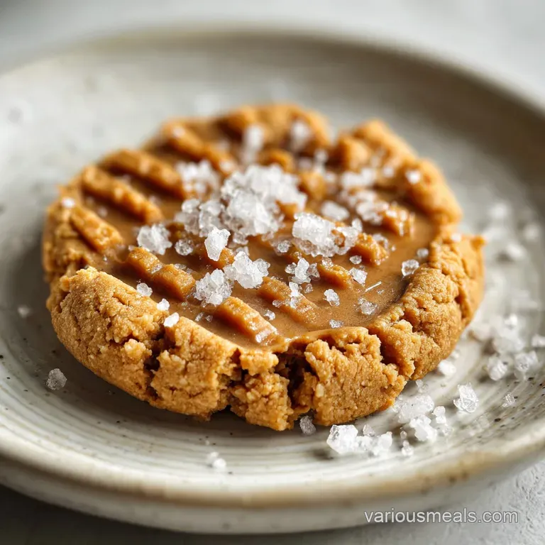 Stack of three warm peanut butter cookies with glistening salt crystals, served on a white plate for a minimalist aesthetic.