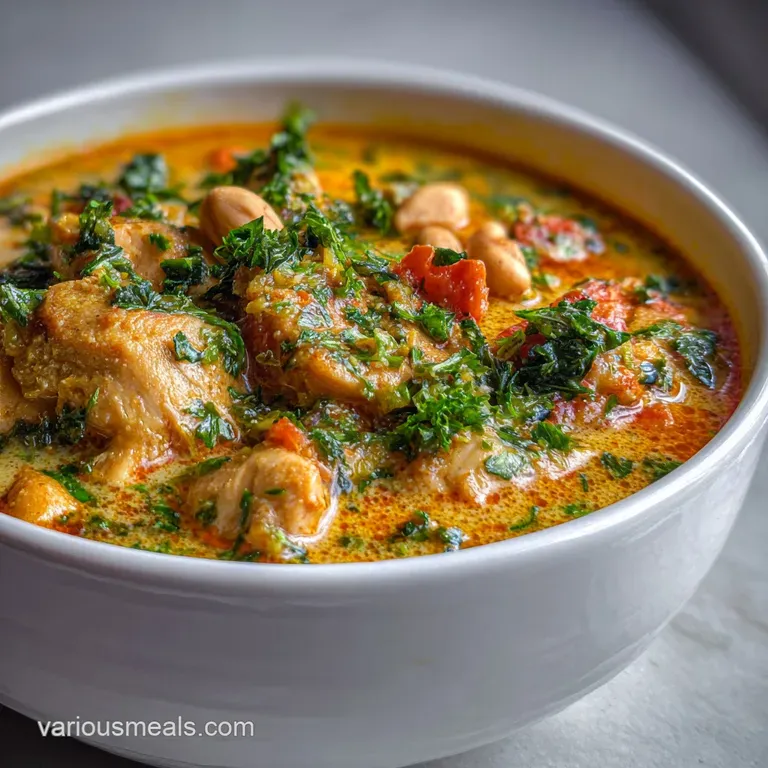 A deep bowl filled with rich, reddish-brown stew. Sweet potato and chicken peek through, garnished with chopped herbs.