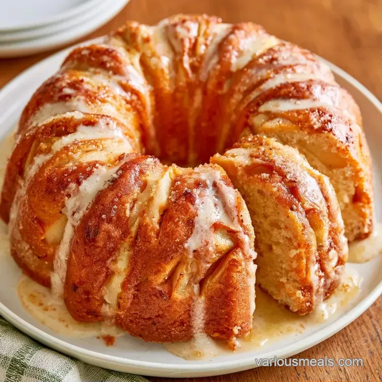 A golden cake slice on a white porcelain plate, served with a swirl of whipped cream and sliced red apples.