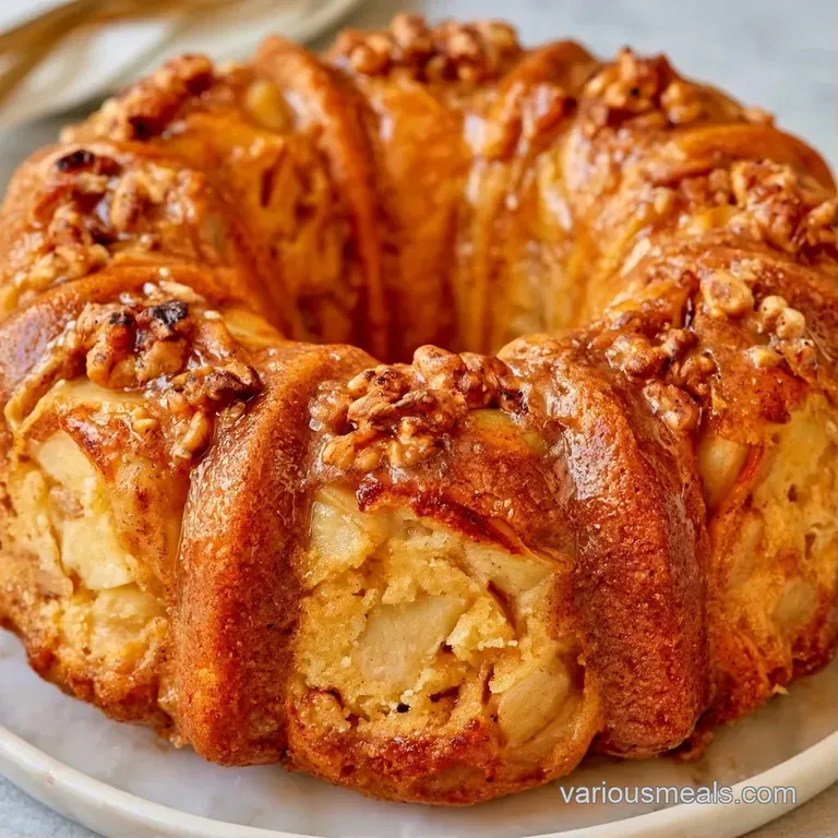 A thick slice of warm spiced cake on a white plate, topped with a creamy dollop and a dusting of cinnamon sugar.