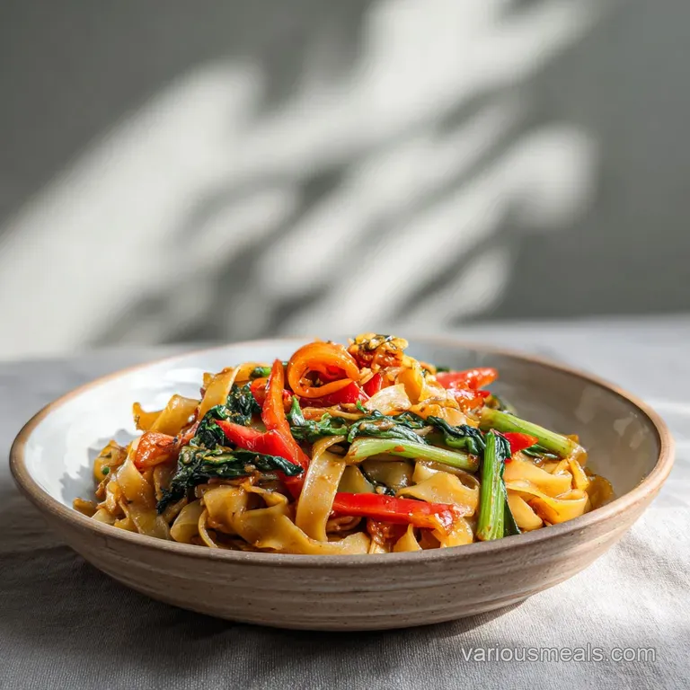 A generous portion of wide, glossy noodles with colorful vegetables and chicken, artfully arranged.