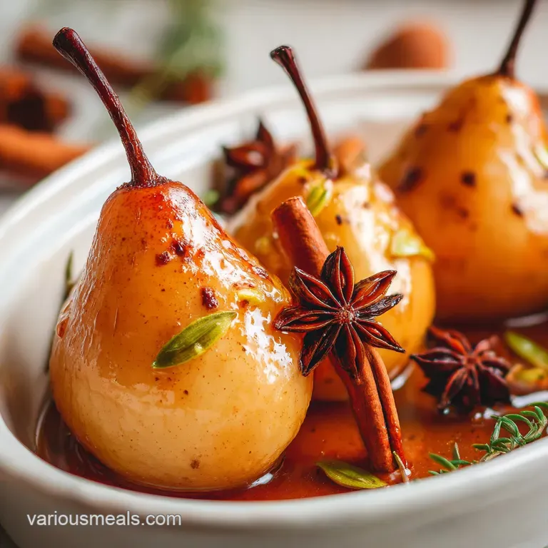 Elegant plate featuring a warm baked pear half, drizzled with amber syrup and garnished with a sprig of fresh mint for con...