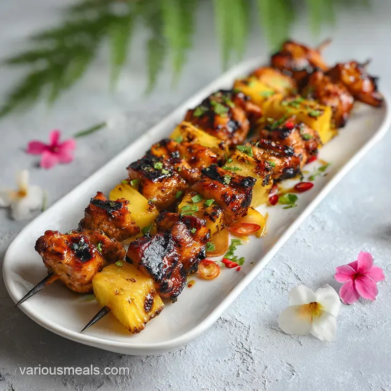 Skewered pineapple chicken served on a white plate, glistening with a savory glaze, next to a bed of fluffy rice and fresh...