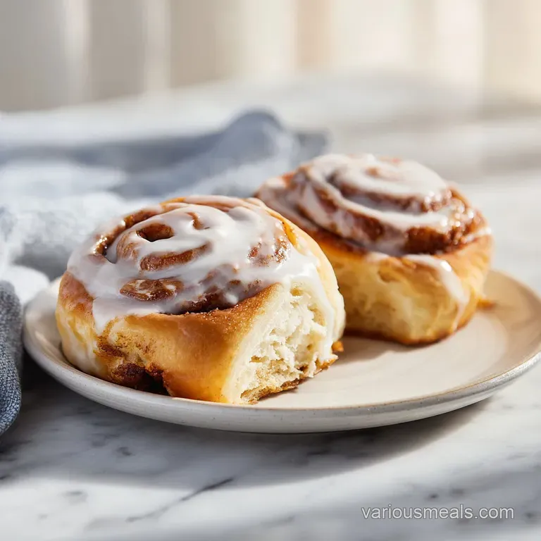 A single, perfectly risen cinnamon roll, glistening with icing, sits on a plate, hinting at its soft, gooey interior.