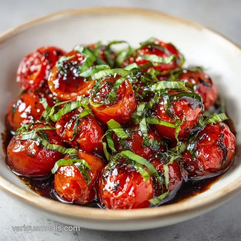 Sliced heirloom tomatoes arranged in a circle, drizzled with rich balsamic reduction and topped with fresh basil.
