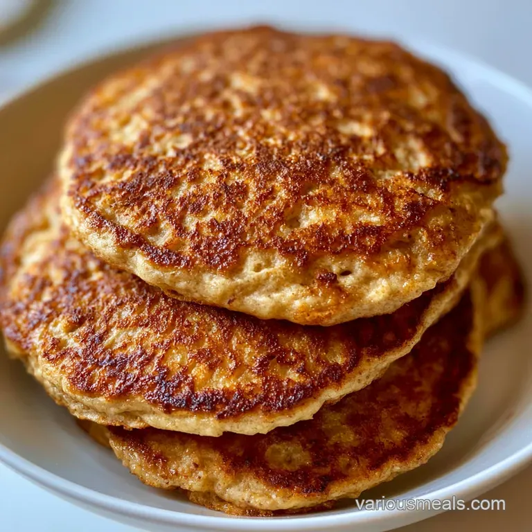 A tall stack of fluffy golden cakes on a ceramic plate, garnished with sliced bananas and a dusting of cinnamon.