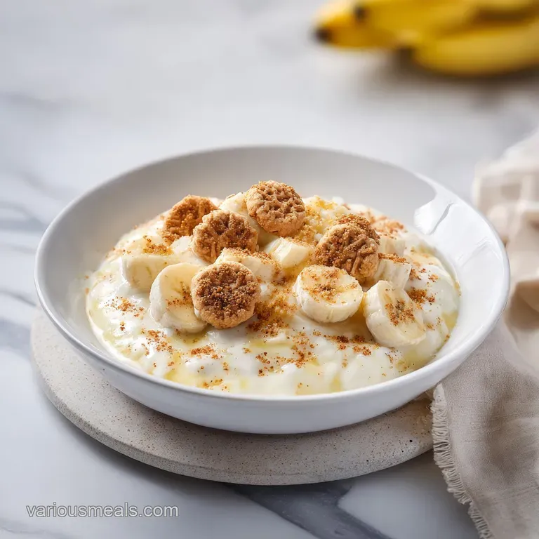 A single serving of layered banana pudding, topped with whipped cream and a delicate wafer cookie.