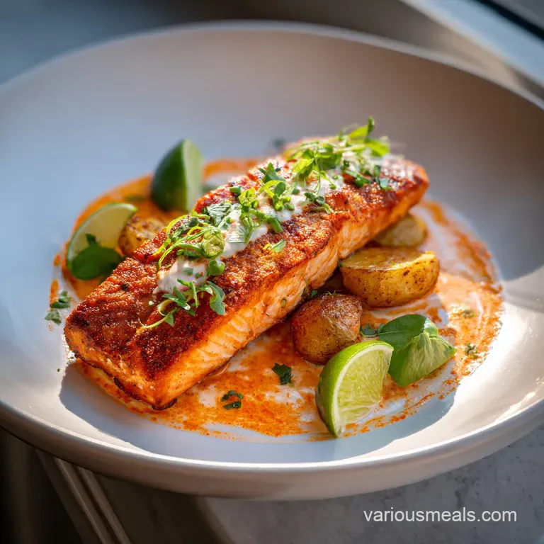 Perfectly arranged bang bang salmon pieces, glistening with sauce, presented artfully on a modern, minimalist plate with a...