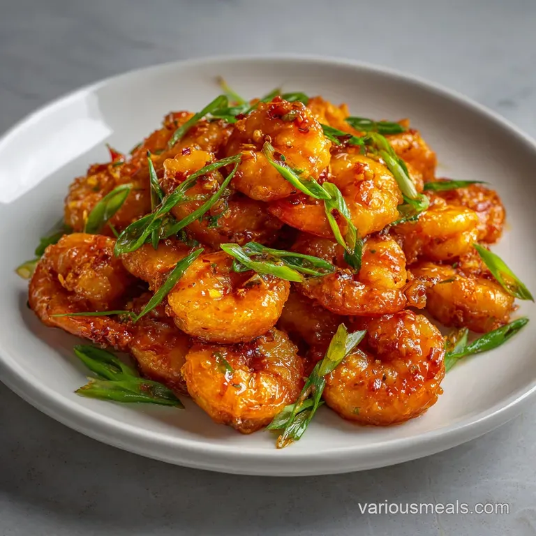 Golden fried shrimp drizzled with a glossy spicy cream sauce, served on a platter with fresh scallions and lime.