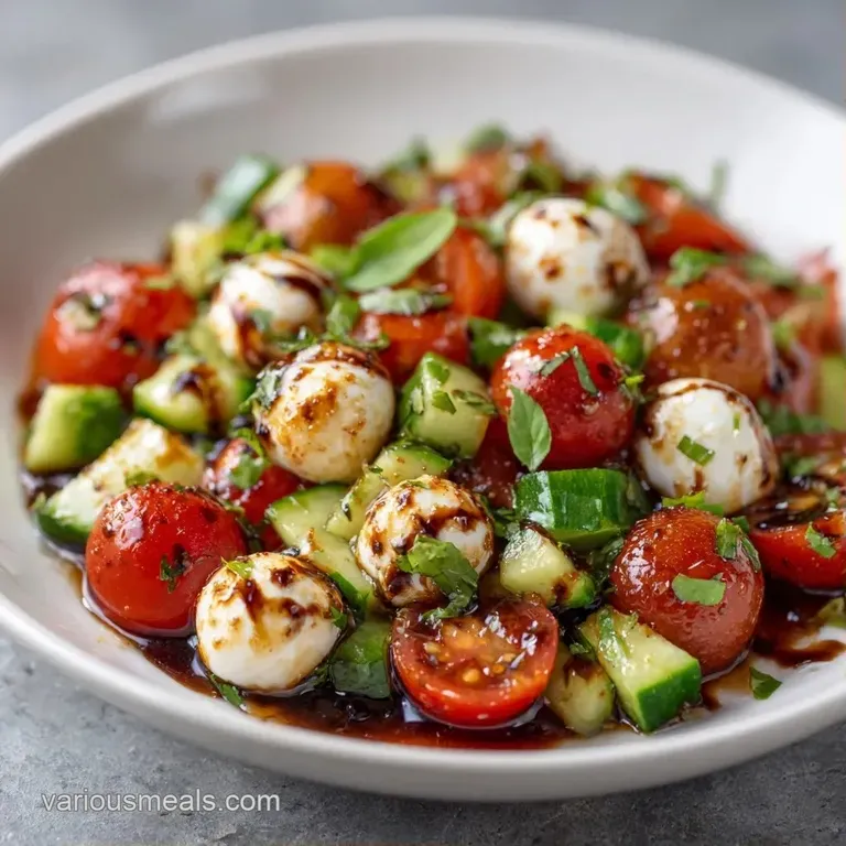 Bright red tomatoes and emerald basil leaves artfully arranged on a white plate with droplets of golden oil.