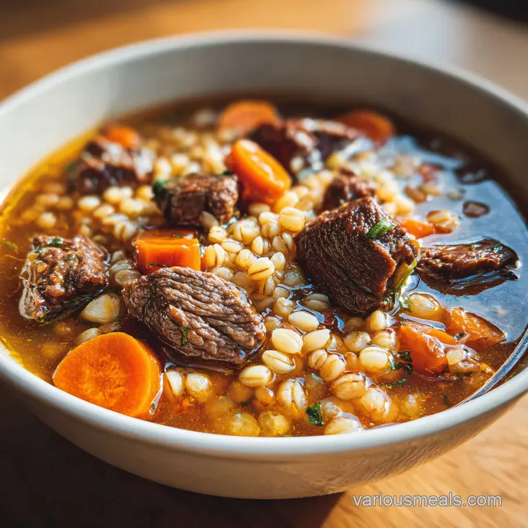 A rustic ceramic bowl of chunky beef stew topped with fresh parsley, set on a wooden table with a crusty bread roll.