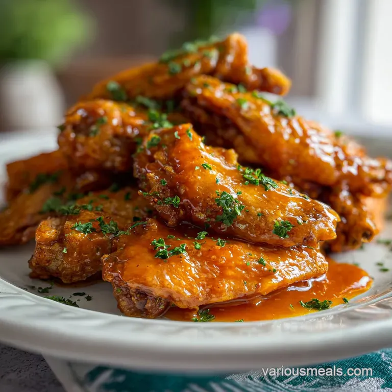 Perfectly arranged buffalo wings on a white plate, drizzled with blue cheese dressing and fresh parsley. Spicy, tempting, ...