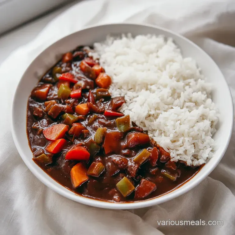 A ceramic bowl filled with rich brown stew and seafood, served with a side of crusty bread on a linen napkin.