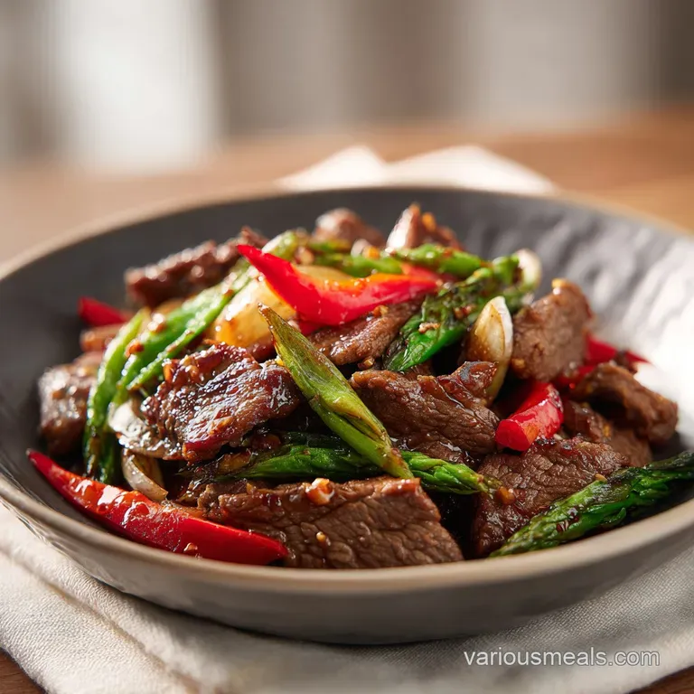 Elegant plate of tender black pepper beef, glistening with savory sauce, next to fluffy white rice; a vibrant, delicious p...