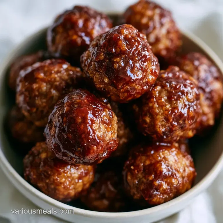 Glazed brown meatballs arranged on a slate board, garnished with sliced green onions and a sprinkle of sesame seeds.