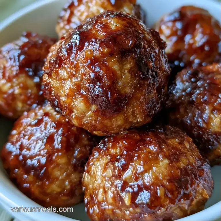 Three glossy brown meat-spheres drizzled with a sticky glaze on a white ceramic plate with a sprig of fresh greenery.