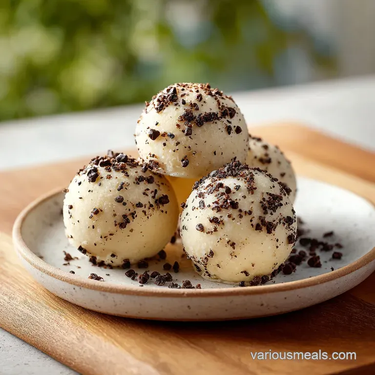 Polished dark chocolate spheres on a white marble platter, accented by a light dusting of fine cocoa powder.