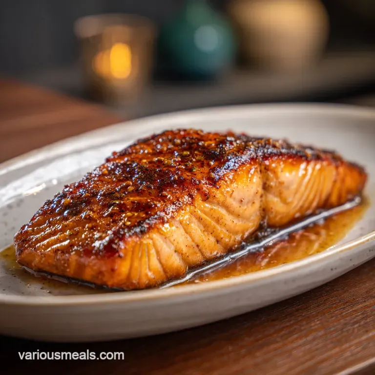 Honey-glazed salmon fillet with a crispy edge, atop creamy grits and bright greens; a delicious balanced plate.