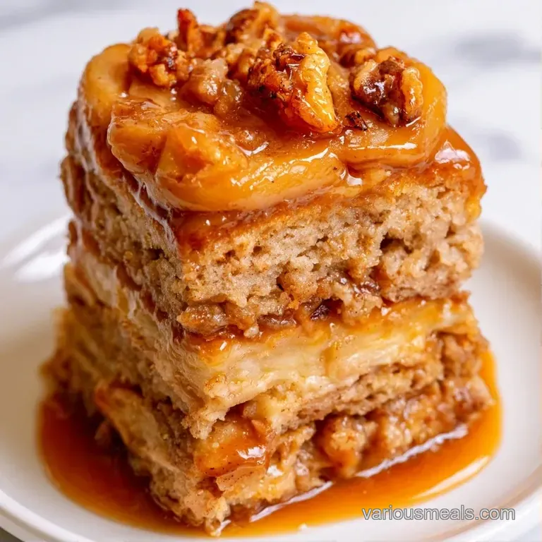 Elegant slice of golden sponge on a white plate with glossy caramel streaks and a dusting of cinnamon.