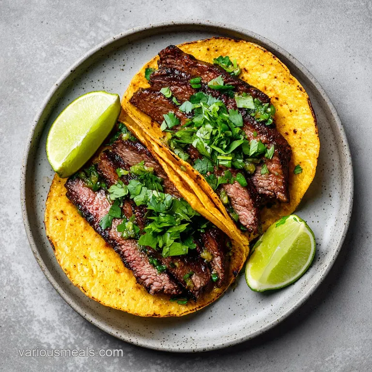 Three grilled steak tacos on a rustic board with sliced radishes, lime, and a small bowl of vibrant red salsa.