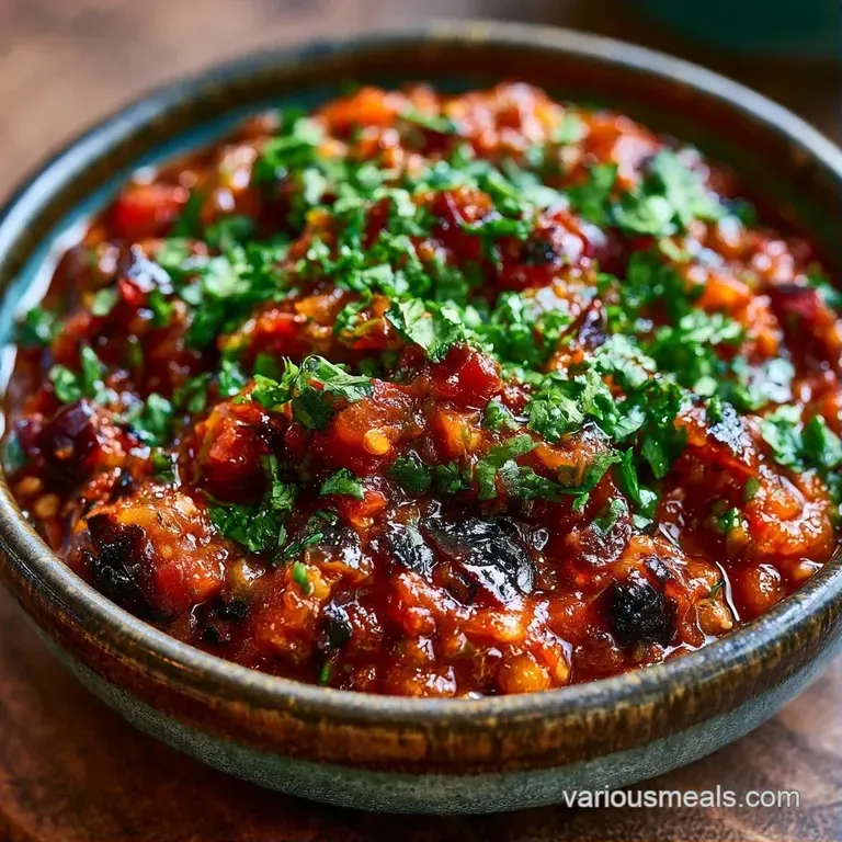 Smoky red chunky dip in a ceramic bowl with salted corn chips and bright lime wedges on a dark slate surface.