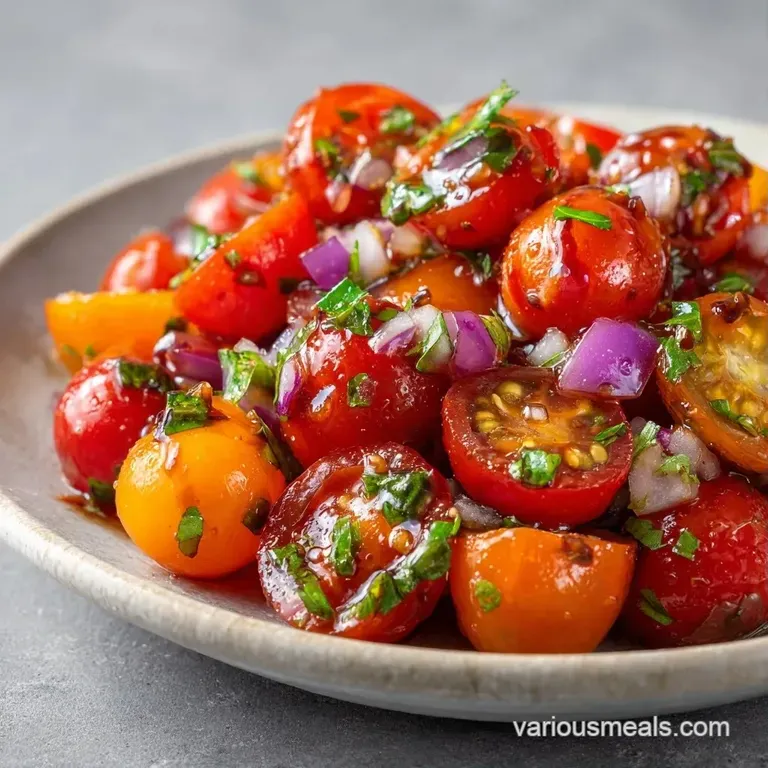 Bright red cherry tomatoes and torn basil leaves drizzled with golden oil on a minimalist white ceramic plate.