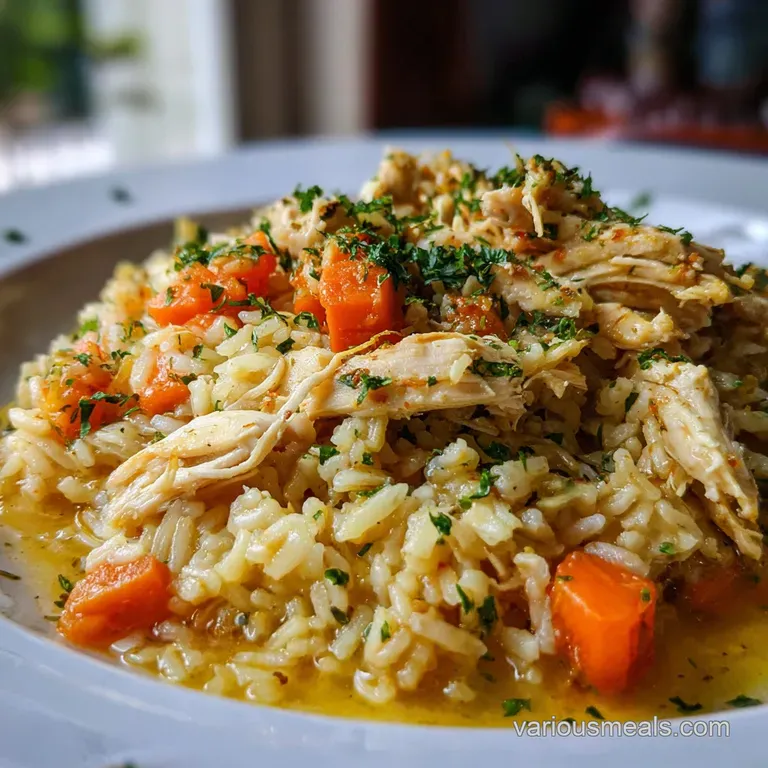 Elegant portion of chicken and rice. Glossy, creamy sauce with herbs atop, tempting textures, ready to enjoy.