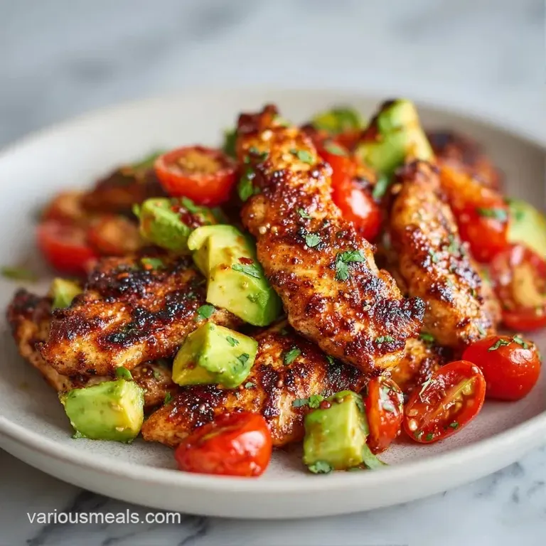 A bright arrangement of grilled chicken, creamy green avocado, and red tomatoes on a clean white dinner plate.