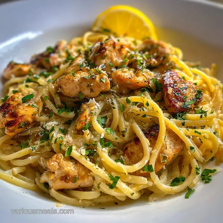 Elegant plate of twirled pasta with juicy chicken, drizzled cream sauce, & fresh parsley. Comfort food elevated.