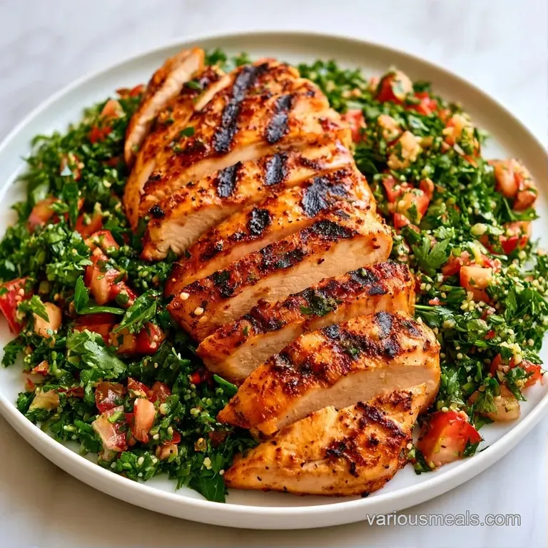 Neatly sliced grilled chicken breasts resting on a bed of bright green herb salad in a shallow white ceramic bowl.
