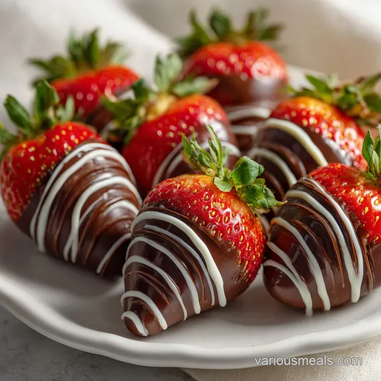 Elegant plate showcasing chocolate-covered strawberries; vibrant red berries contrasted against rich, dark chocolate and a...